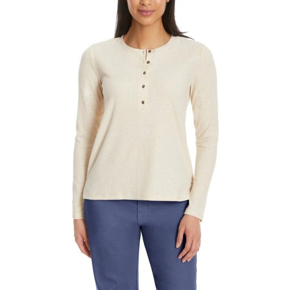 GH Bass Womens S Textured Henley Button Top Lightweight Long Sleeve Shirt Cream